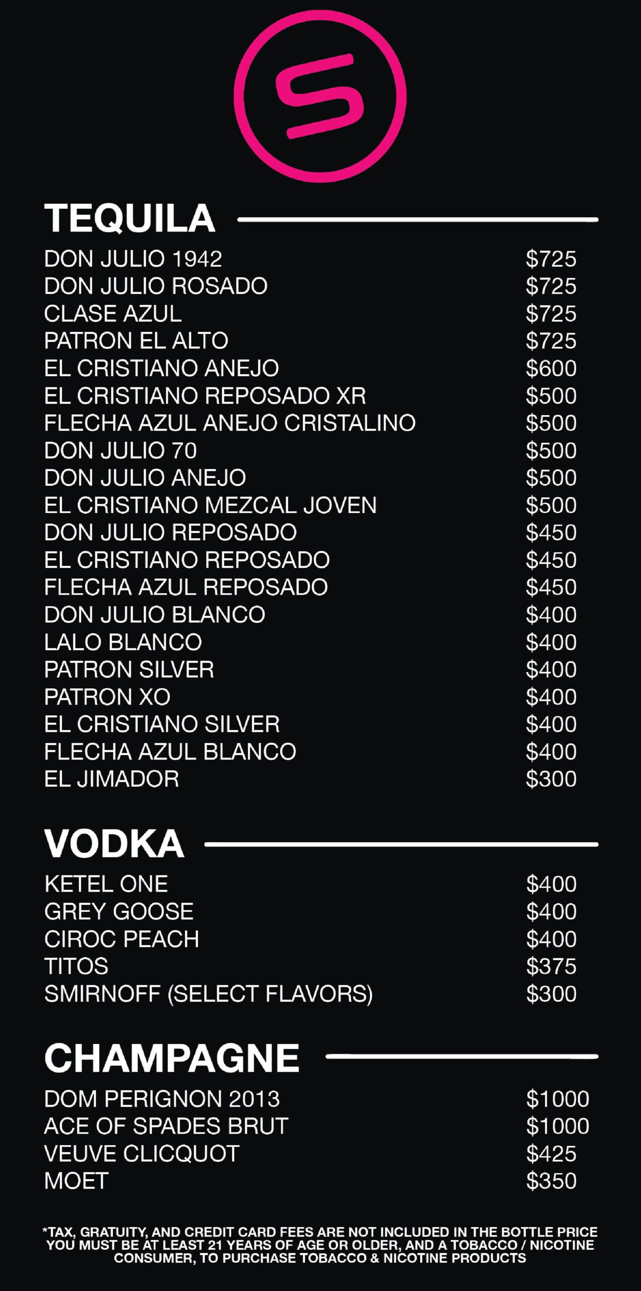 Substance Menu VIP Bottle Menu - Substance